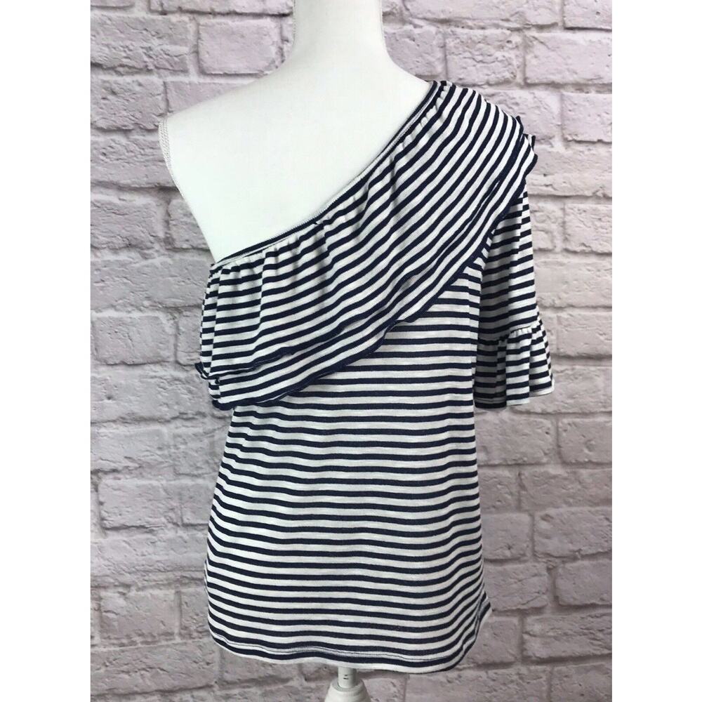 Ro & De Navy Blue & White Stripe One Shoulder Ruffle Knit Top Size Medium NWT - Picture 6 of 8